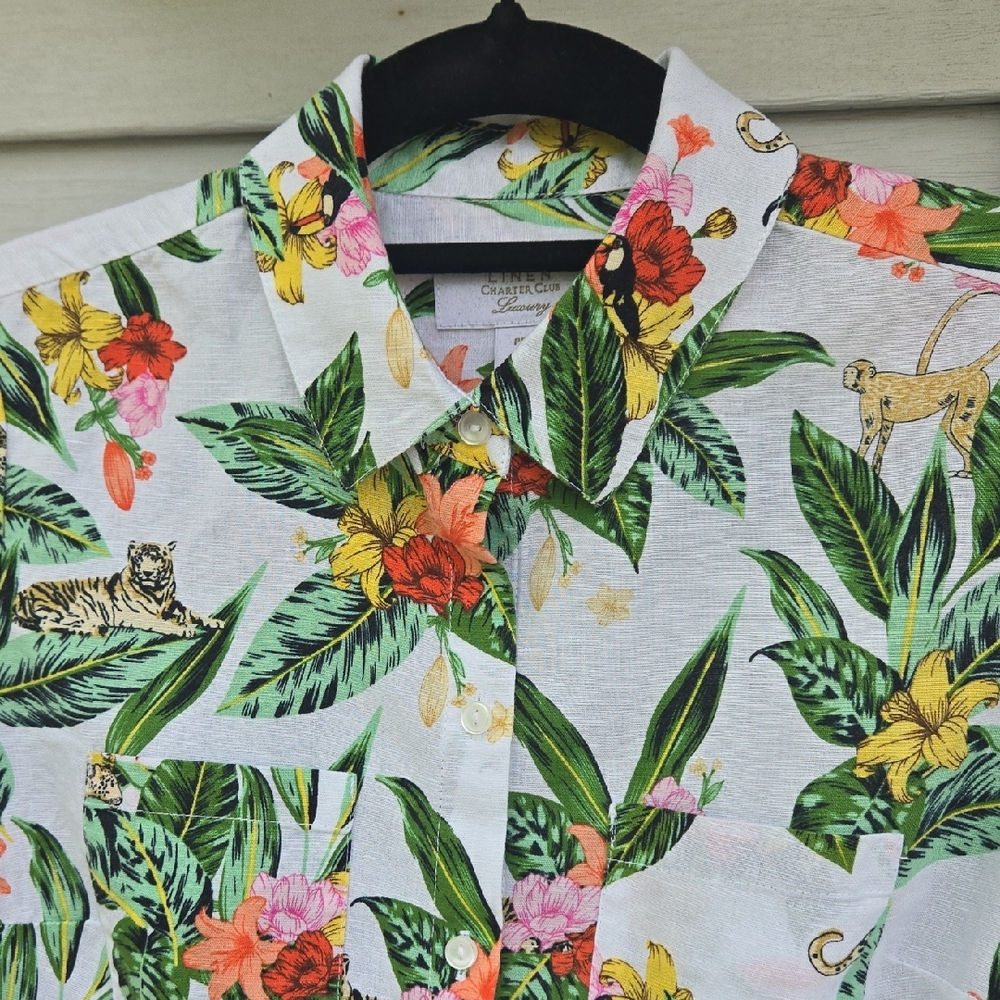Linen Charter Club Luxury Floral Animal Tiger Print Button Down Shirt Size 2P